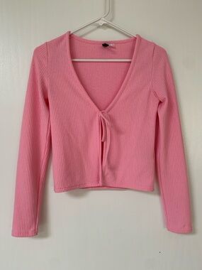 Pink Ribbed Long Sleeve Tie-Front Top